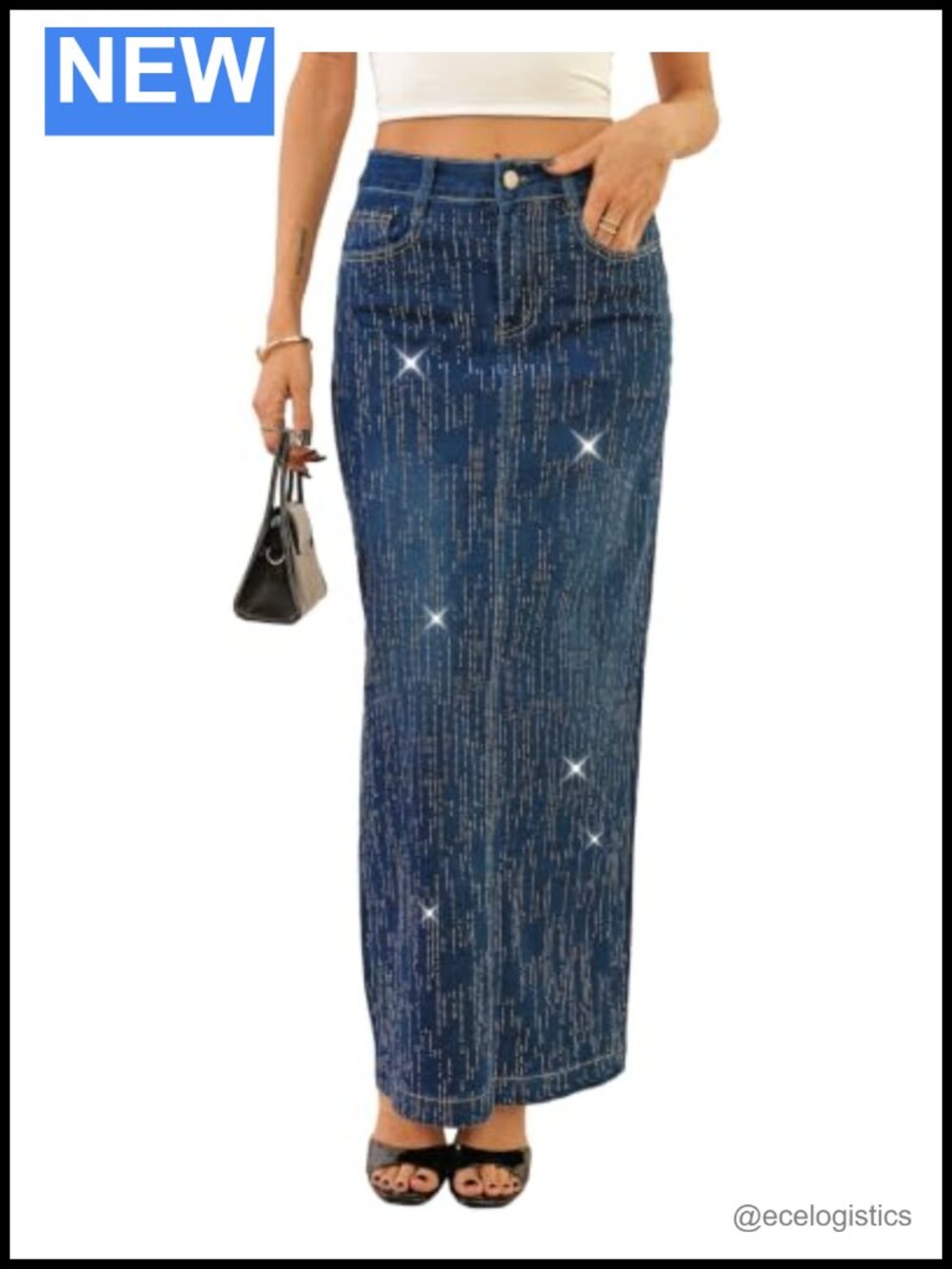 Women's Rhinestone Midi Denim Skirt High Rise Button Zip Glam